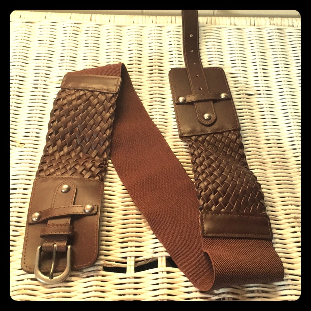 Brown elastic and braided faux-leather belt.